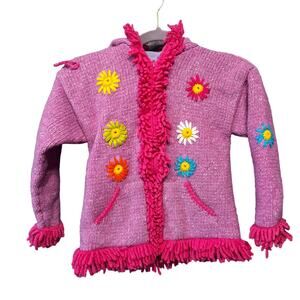 Norsk-Kids girls 10 wool cotton knit sweater purple lined floral embellishments